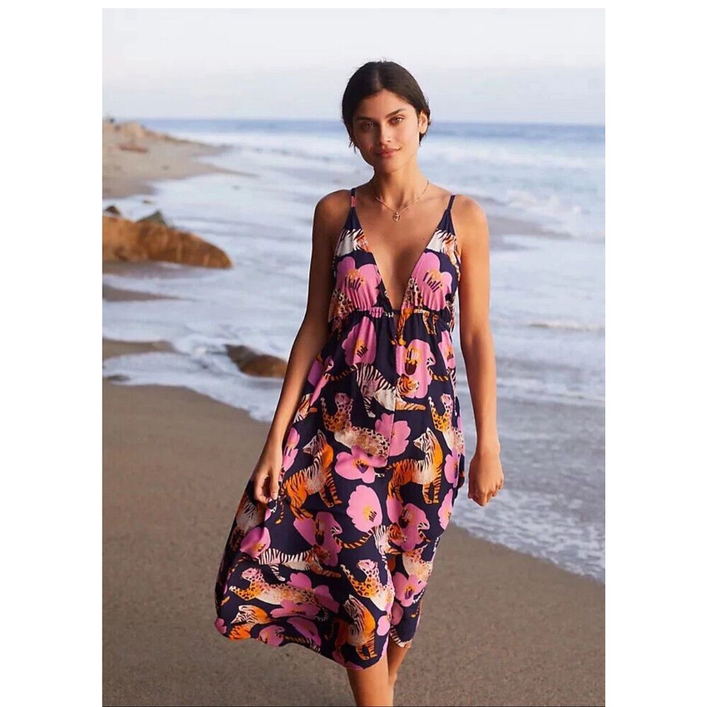Anthropologie Claire Colin Midi Dress Cover Up Wildlife Animal Purple‎ Blue Pink